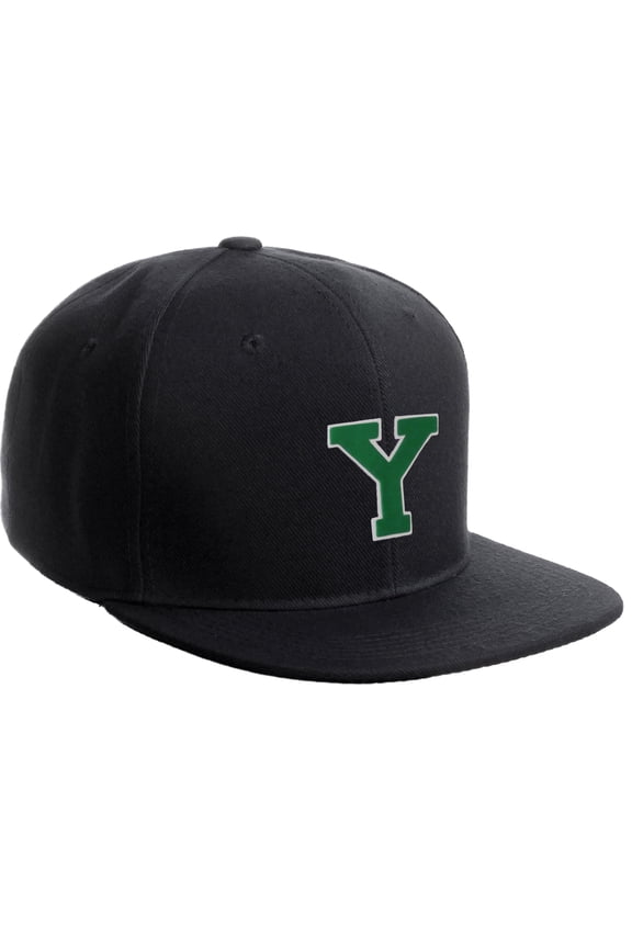 Classic Snapback Hat Custom A to Z Initial Raised Letters, Black Cap White Green Letter Initial Y
