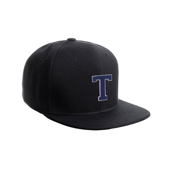 Classic Snapback Hat Custom A to Z Initial Raised Letters, Black Cap White Royal Letter Initial T