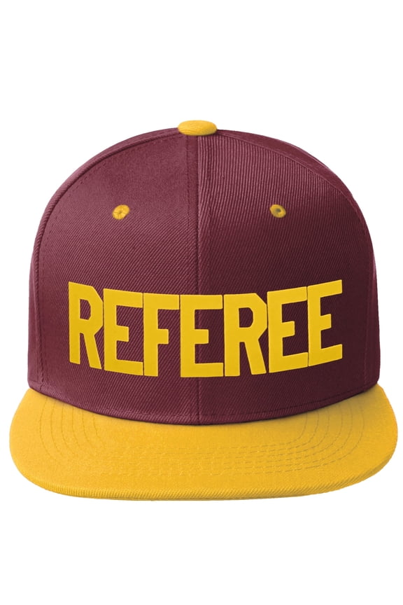 Classic Snapback Referee Hat High Profile Flat Bill Visor Adjustable Back Cap, BurgundyGold Gold
