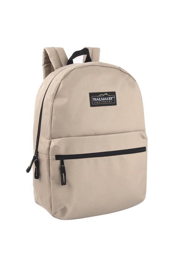 Classic Solid Color 17 Inch Backpack with Front Zipper Accessory Pocket, Dual Zipper Closure & Padded Shoulder Straps for Work, Office, Gym, Sports, Travel, Commute & Recreation in Khaki
