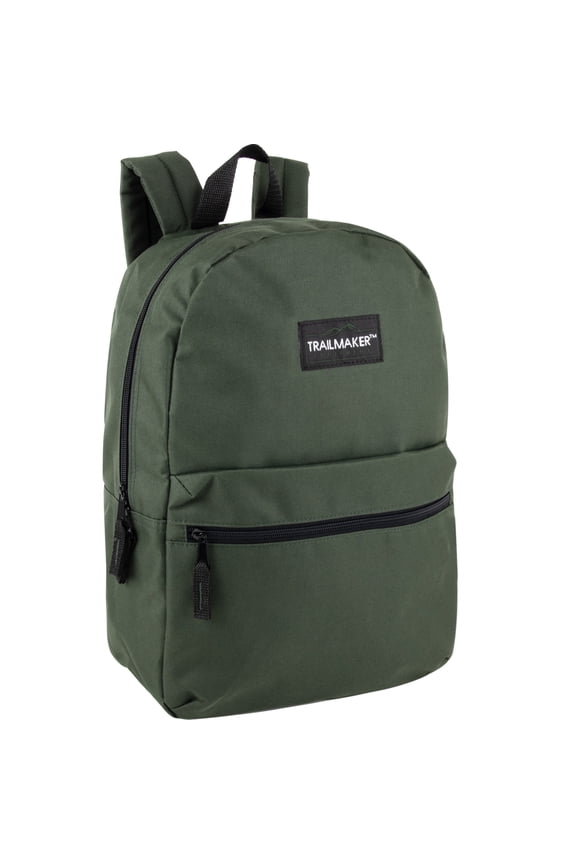 Classic Solid Color 17 Inch Backpack with Front Zipper Accessory Pocket, Dual Zipper Closure & Padded Shoulder Straps for Work, Office, Gym, Sports, Travel, Commute & Recreation in Hunter Green