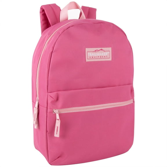 Classic Solid Color 17 Inch Backpack with Front Zipper Accessory Pocket, Dual Zipper Closure & Padded Shoulder Straps for Work, Office, Gym, Sports, Travel, Commute & Recreation in Pink