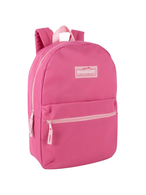 Classic Solid Color 17 Inch Backpack with Front Zipper Accessory Pocket, Dual Zipper Closure & Padded Shoulder Straps for Work, Office, Gym, Sports, Travel, Commute & Recreation in Pink