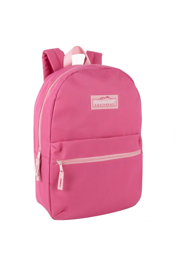 Classic Solid Color 17 Inch Backpack with Front Zipper Accessory Pocket, Dual Zipper Closure & Padded Shoulder Straps for Work, Office, Gym, Sports, Travel, Commute & Recreation in Pink