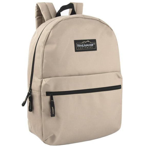 Classic Solid Color 17 Inch Backpack with Front Zipper Accessory Pocket, Dual Zipper Closure & Padded Shoulder Straps for Work, Office, Gym, Sports, Travel, Commute & Recreation in Khaki