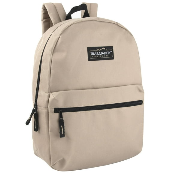 Classic Solid Color 17 Inch Backpack with Front Zipper Accessory Pocket, Dual Zipper Closure & Padded Shoulder Straps for Work, Office, Gym, Sports, Travel, Commute & Recreation in Khaki