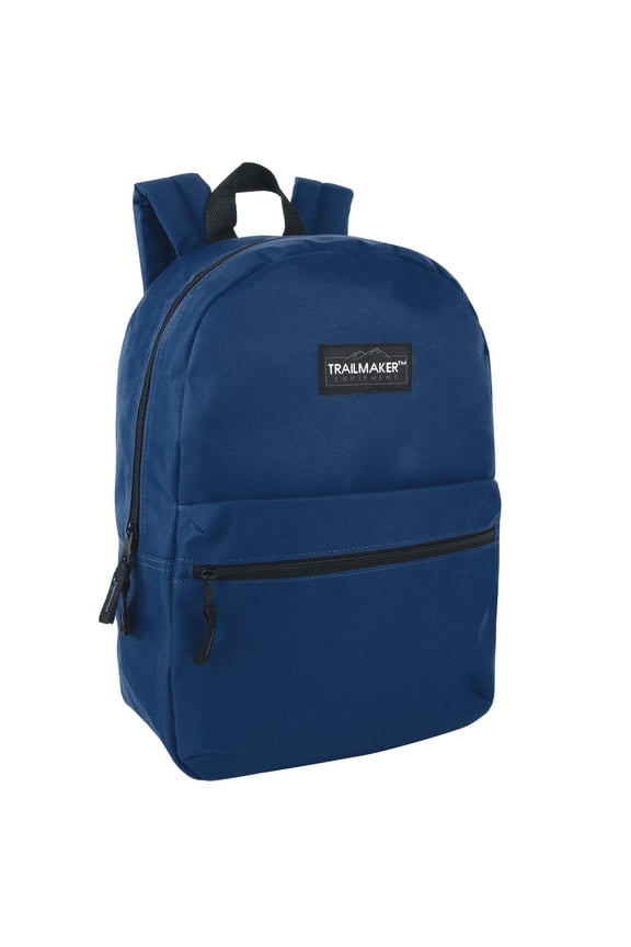 Classic Solid Color 17 Inch Backpack with Front Zipper Accessory Pocket, Dual Zipper Closure & Padded Shoulder Straps for Work, Office, Gym, Sports, Travel, Commute & Recreation in Navy Blue