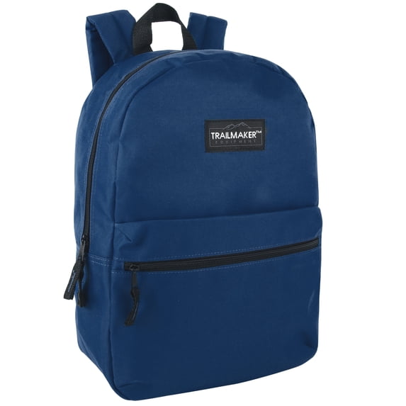 Classic Solid Color 17 Inch Backpack with Front Zipper Accessory Pocket, Dual Zipper Closure & Padded Shoulder Straps for Work, Office, Gym, Sports, Travel, Commute & Recreation in Navy Blue