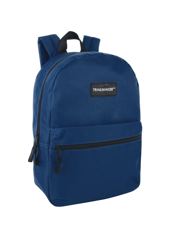 Classic Solid Color 17 Inch Backpack with Front Zipper Accessory Pocket, Dual Zipper Closure & Padded Shoulder Straps for Work, Office, Gym, Sports, Travel, Commute & Recreation in Navy Blue