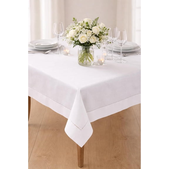 Classic Solid Color Hemstitched Border Tablecloth for Dining Table, Banquet, Wedding, Family Dinne 70 x104 Inch, White
