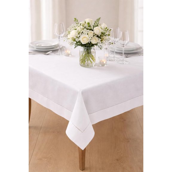 Classic Solid Color Hemstitched Border Tablecloth for Dining Table, Banquet, Wedding, Family Dinner 70 x160, White
