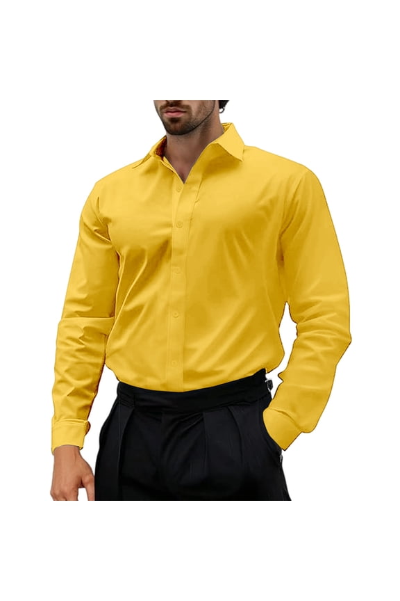 Classic Solid Color Long Sleeve Dress Shirt Comfort Stretch Fabric Business Casual Formal Office Wear Yellow M