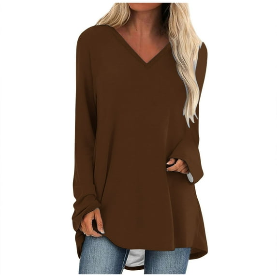 Classic Solid Color Long Sleeve Sweatshirt for Women Fashion V Neck Plus Size Casual Loose Pullover Tops Mid Length Shirt(Brown,XXL)