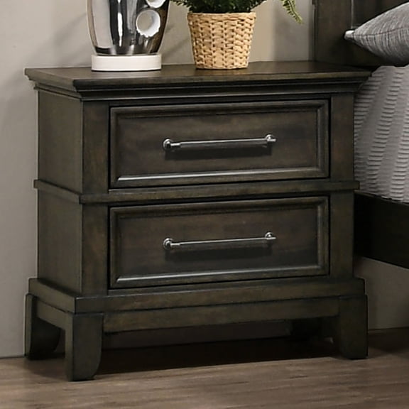 Classic Solid Wood Nightstand In Gray, Featuring Bar Pulls, Crown Molding Details And 2 Drawers For Bedroom Modern Gray Bedside Table With Drawers, Pulls Splendid