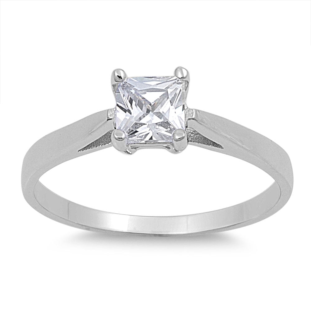 Classic Solitaire Princess Cut Cubic Zirconia Ring Sterling Silver 925 ...