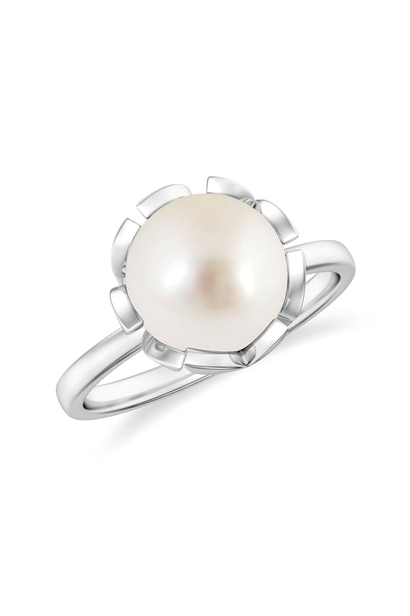 Classic Solitaire South Sea Pearl Ring in White Gold Plated / 925 Sterling Sliver Women's Floral Ring for Anniversary June Birthstone Jewelry, 8MM Ring Size: 9