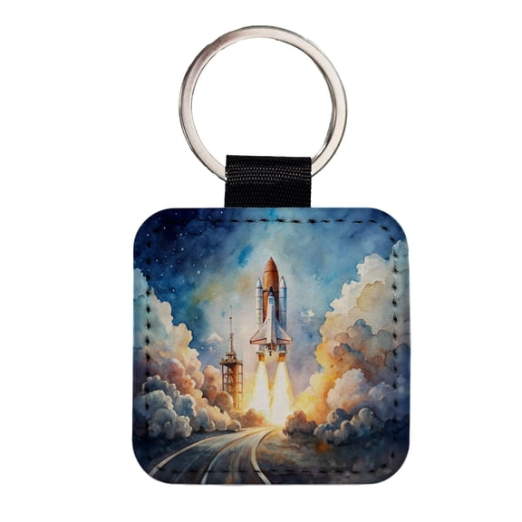 Classic Space Shuttle Launch Watercolor Faux Leather Square Keychain