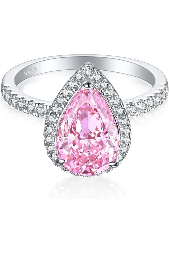 Classic Sparkling 3ct Drop Shaped Teardrop Pink Gemstone Engagement Wedding Halo Ring for Women Cubic Zirconia CZ Promise Pear 925 Sterling Silver Shiny Full Diamond Band Rings for Her (Size 6)