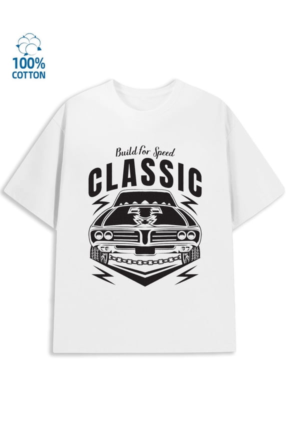 Classic Speed Tee men's garage 180G 100% Cotton white on the back car Basic Unisex Shirt Graphic tshirts Trendy Unisex Shirt Short Sleeve tshirts Vintage Unisex Shirt Graphic Tee tshirts