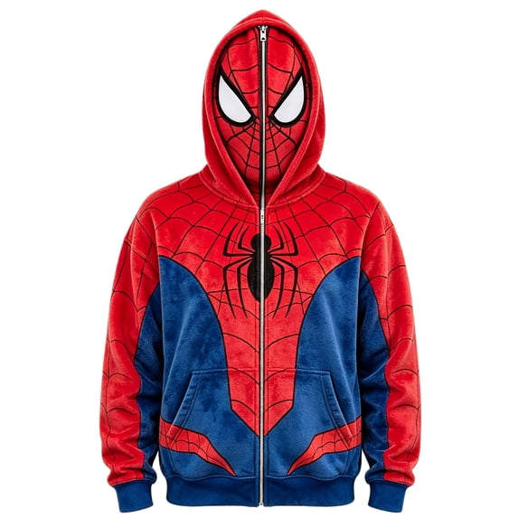 Classic Spider Hero Full Zip Masked Hood Sweatshirt, Red Blue Web Pocket Graphic Outerwear for Adults Boys Girls Halloween Cosplay