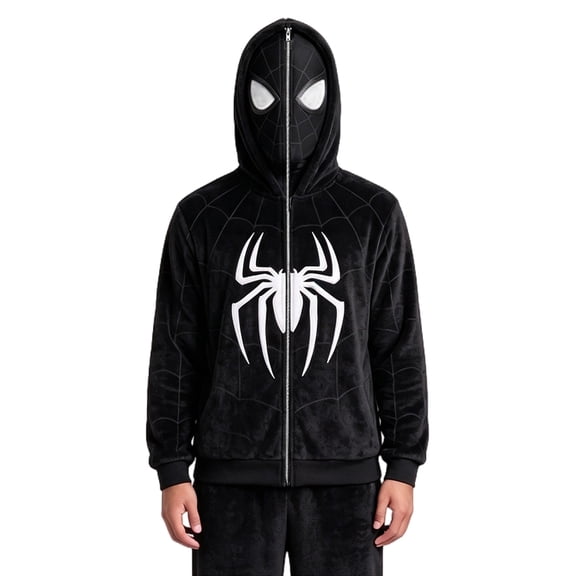 Classic Spider Roleplay, Flannel Spider Web Zip Up Hoodie Set, 5 Color Options Webhero Plush Sweatshirt With Mask, Cosplay Costume Jacket, Soft Fleece Hooded Top for Halloween, Adult-L
