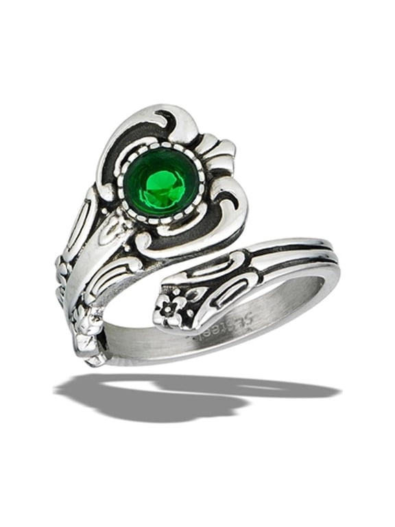 Classic Spoon Simulated Emerald Ring Stainless Steel Band Green CZ Jewelry Female Size 10