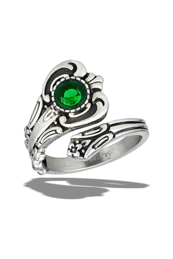 Classic Spoon Simulated Emerald Ring Stainless Steel Band Green CZ Jewelry Female Size 10