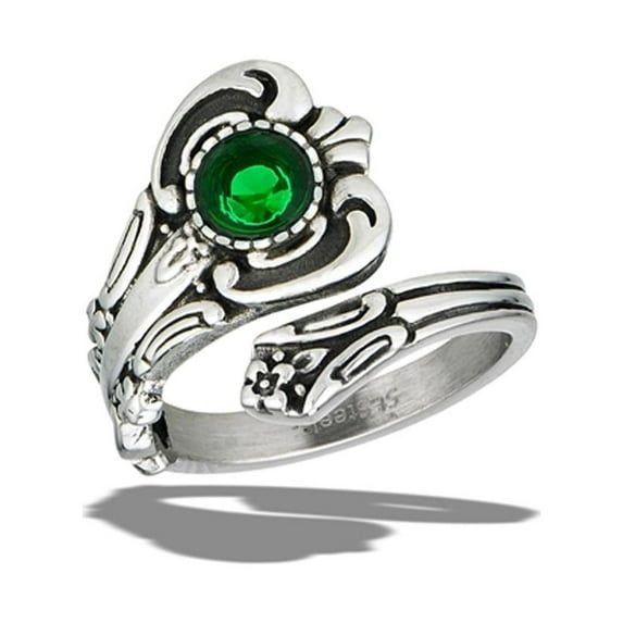 Classic Spoon Simulated Emerald Ring Stainless Steel Band Green Cubic Zirconia Jewelry Female Size 7