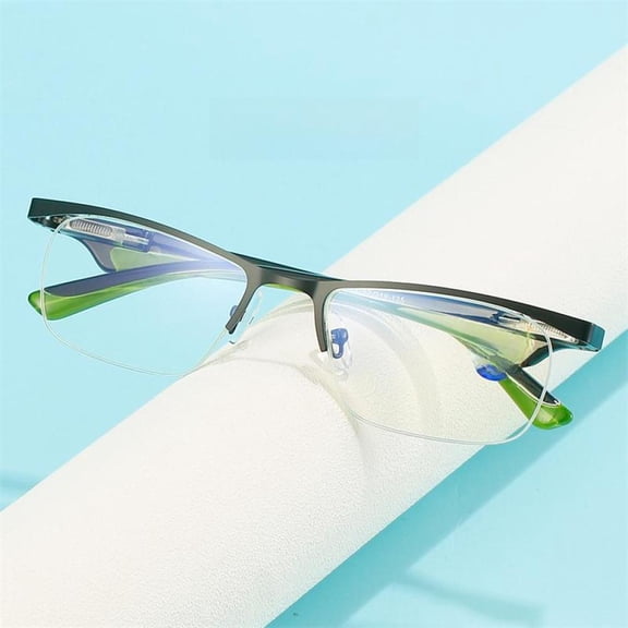 Classic Sport Rectangle Half Rimless Green Reading Glasses 1.00 for Men, Blue Light Blocking Plastic Spring hinge Readers +1.0