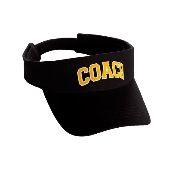 Classic Sport Team Coach Arched Letters Sun Visor Hat Cap Adjustable Back (Black Hat White Gold Letters)
