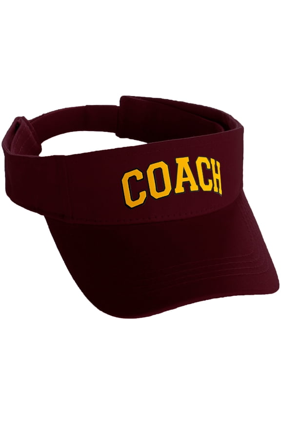 Classic Sport Team Coach Arched Letters Sun Visor Hat Cap Adjustable Back (Burgundy Hat Black Gold Letters)