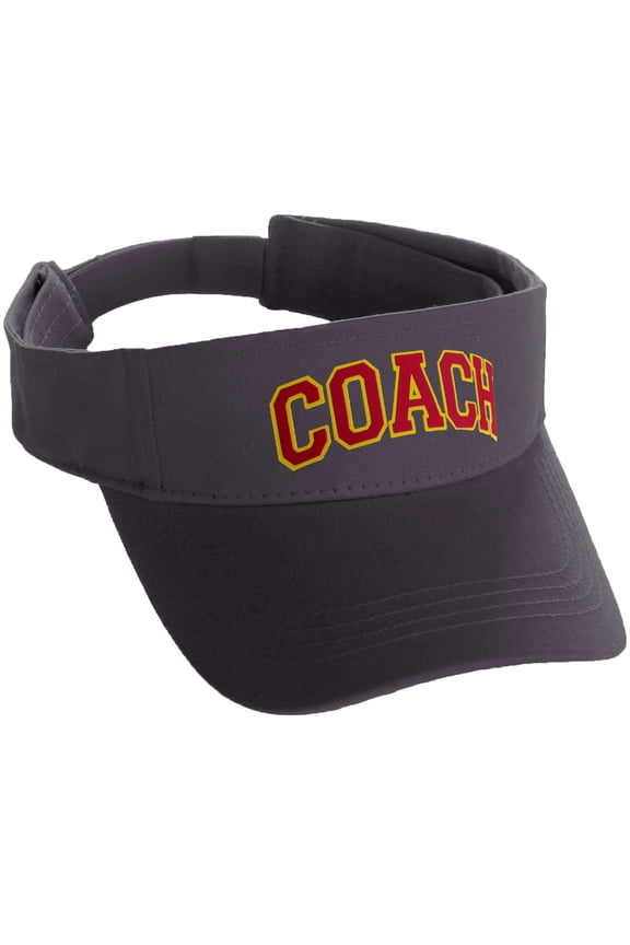 Classic Sport Team Coach Arched Letters Sun Visor Hat Cap Adjustable Back (Charcoal Hat Gold Red Letters)
