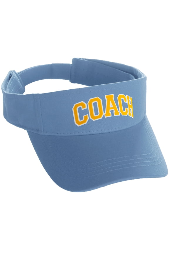 Classic Sport Team Coach Arched Letters Sun Visor Hat Cap Adjustable Back (Sky Hat White Gold Letters)