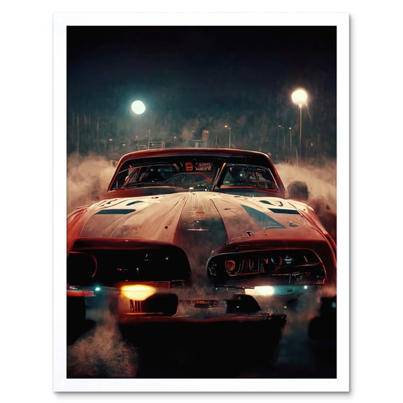 Classic Sports Car Muscle Cinematic Night Atmospheric Race In Fog Art Print Framed Poster Wall Decor 12x16 inch