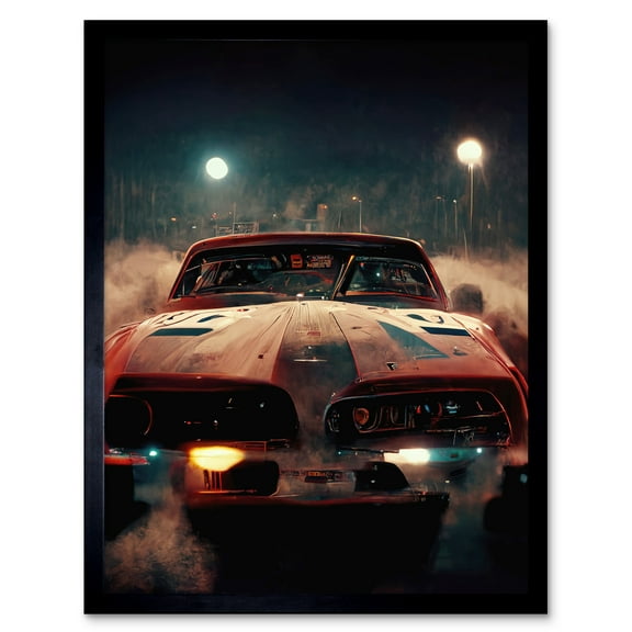 Classic Sports Car Muscle Cinematic Night Atmospheric Race In Fog Art Print Framed Poster Wall Decor 12x16 inch
