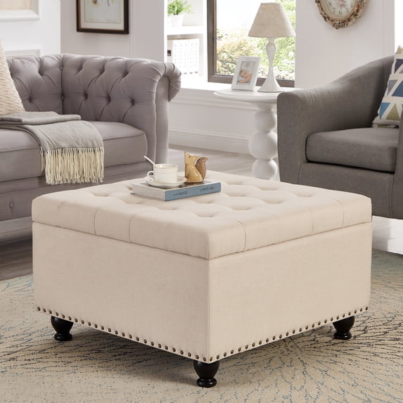 Classic Square Button Tufted Storage Ottoman Linen Upholstered Coffee Table With Nailhead Trims
