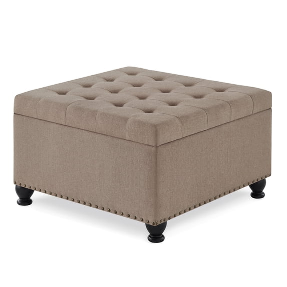 Classic Square Button Tufted Storage Ottoman Linen Upholstered Coffee Table With Nailhead Trims