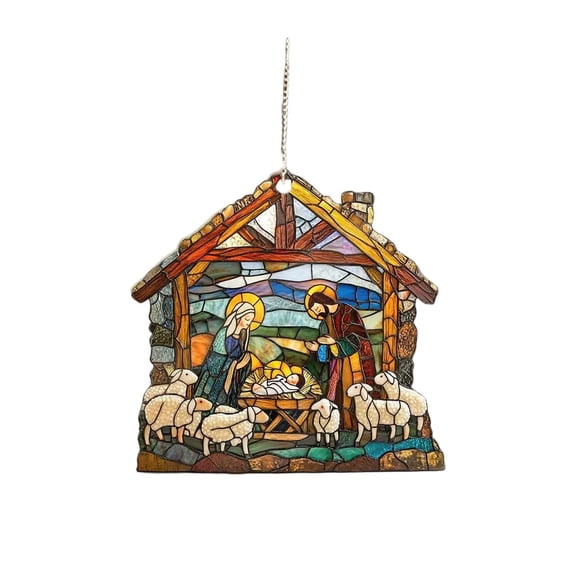 Classic Stained Glass Chimney Roof Stable Nativity Suncatcher Farm Home Christmas Faith Religious Memory Keepsake
