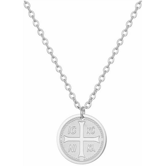 Classic Stainless Steel Flat Round IC XC NIKA Cross Pendant Necklace for Women Daily Wear Stainless Steel Color 17.72 inch(45cm)
