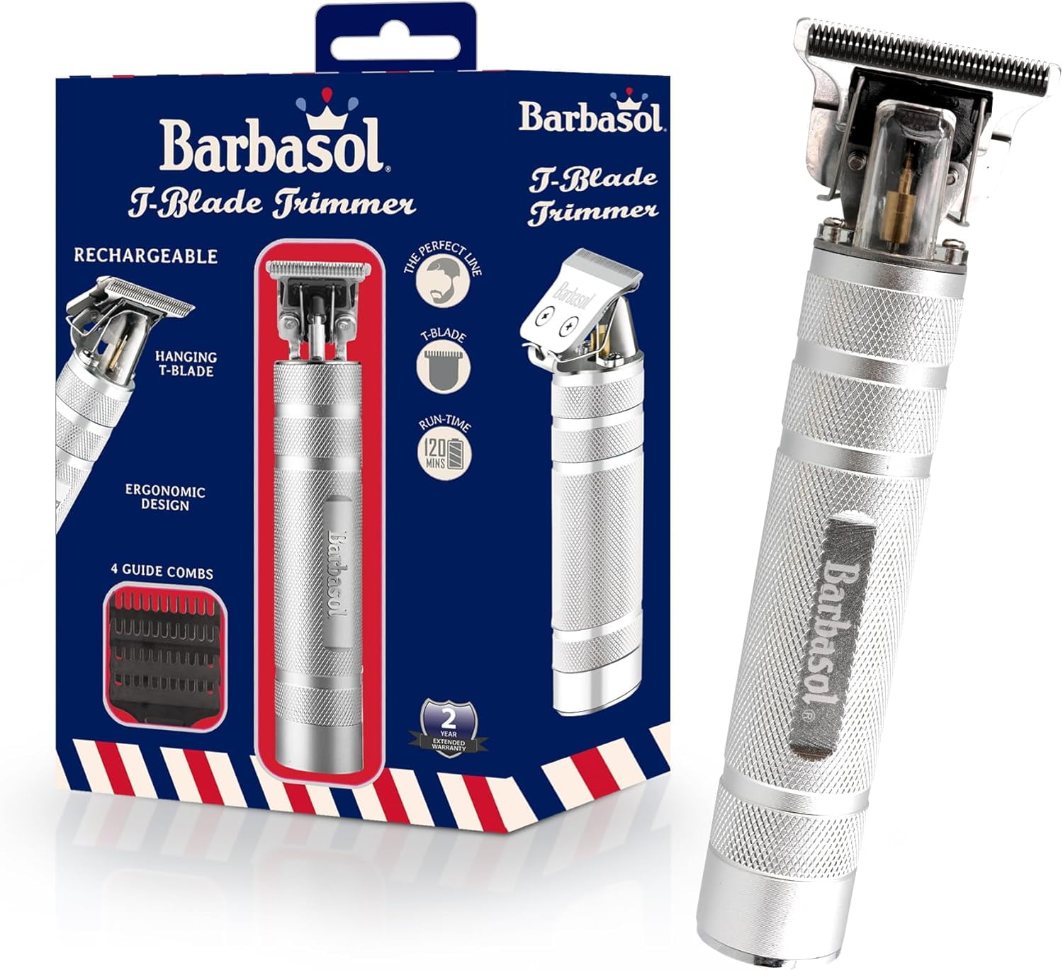 Barbasol Zero-Gapped T-Blade Trimmer for Men, Beard Trimmer w/ 3 Guide Combs, Silver