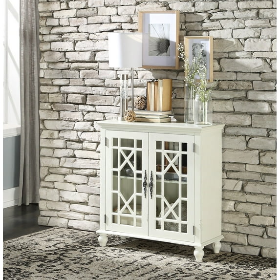 Classic Storage Cabinet with 2 Glass Doors & Interior Shelves, Versaltile Wooden Accent Chest with Antique brass tone mock key knobs for Living Room, Bathroom, Entryway, Kitchen, Antique White