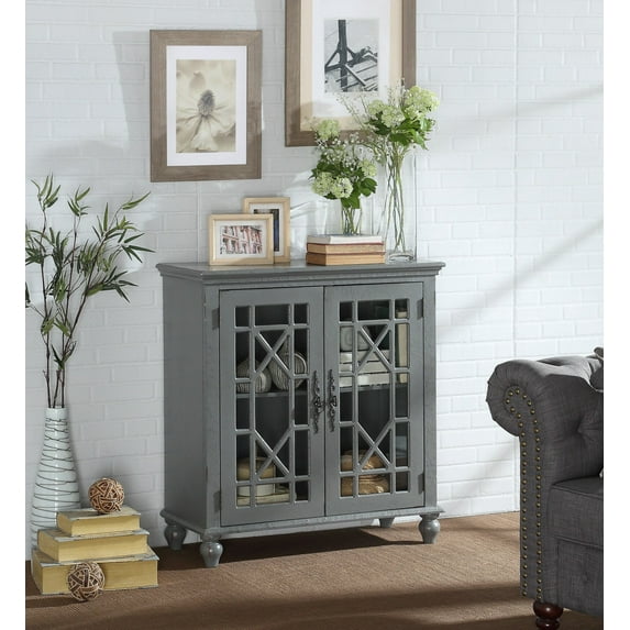 Classic Storage Cabinet with 2 Glass Doors & Interior Shelves, Versaltile Wooden Accent Chest with Antique brass tone mock key knobs for Living Room, Bathroom, Entryway, Kitchen, Antique Gray