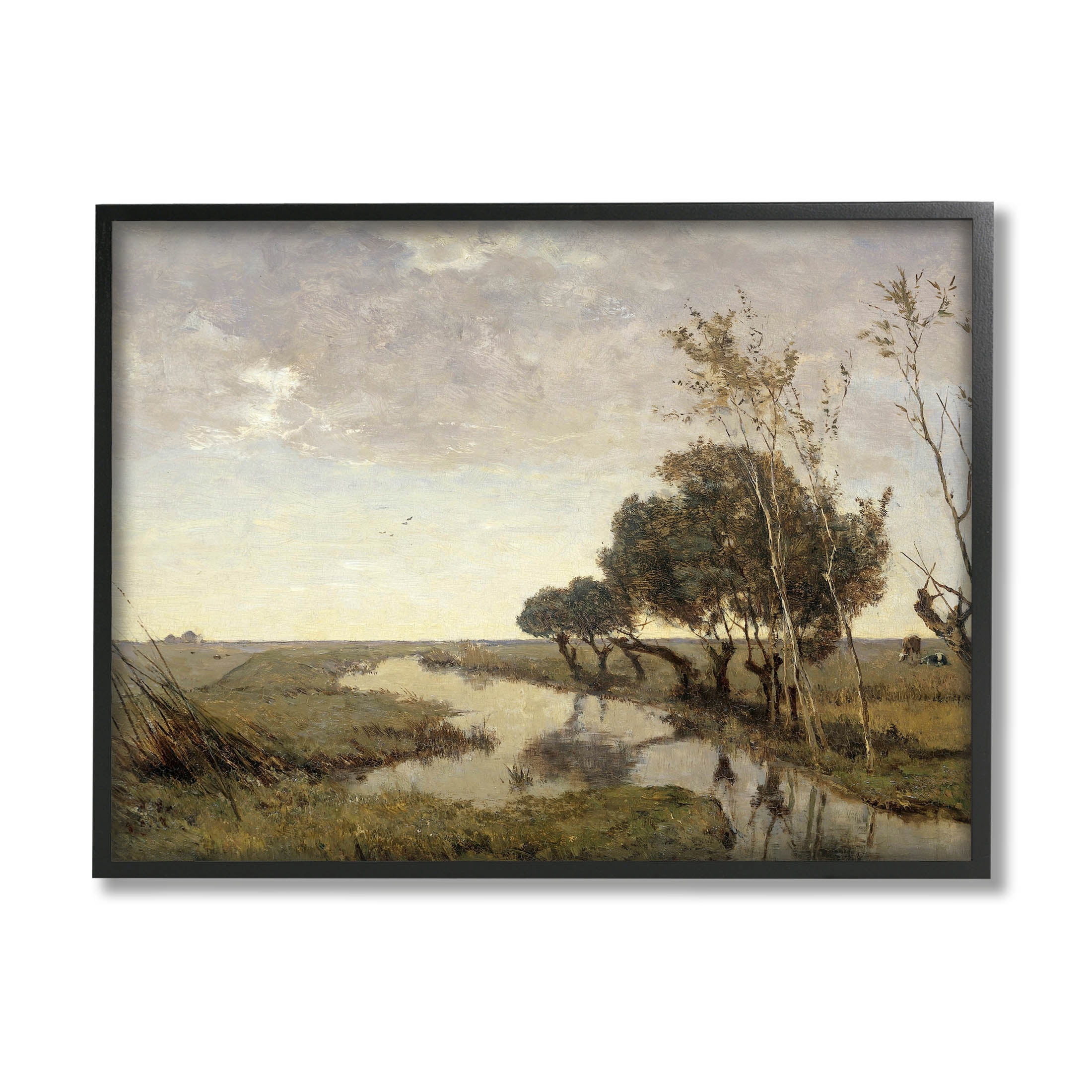 Classic Stream Animals Grazing Landscape Painting Black Framed Art Print Wall Art