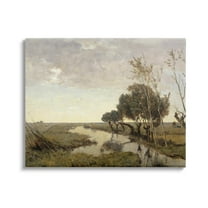 Classic Stream Animals Grazing Landscape Painting Gallery Wrapped Canvas Print Wall Art