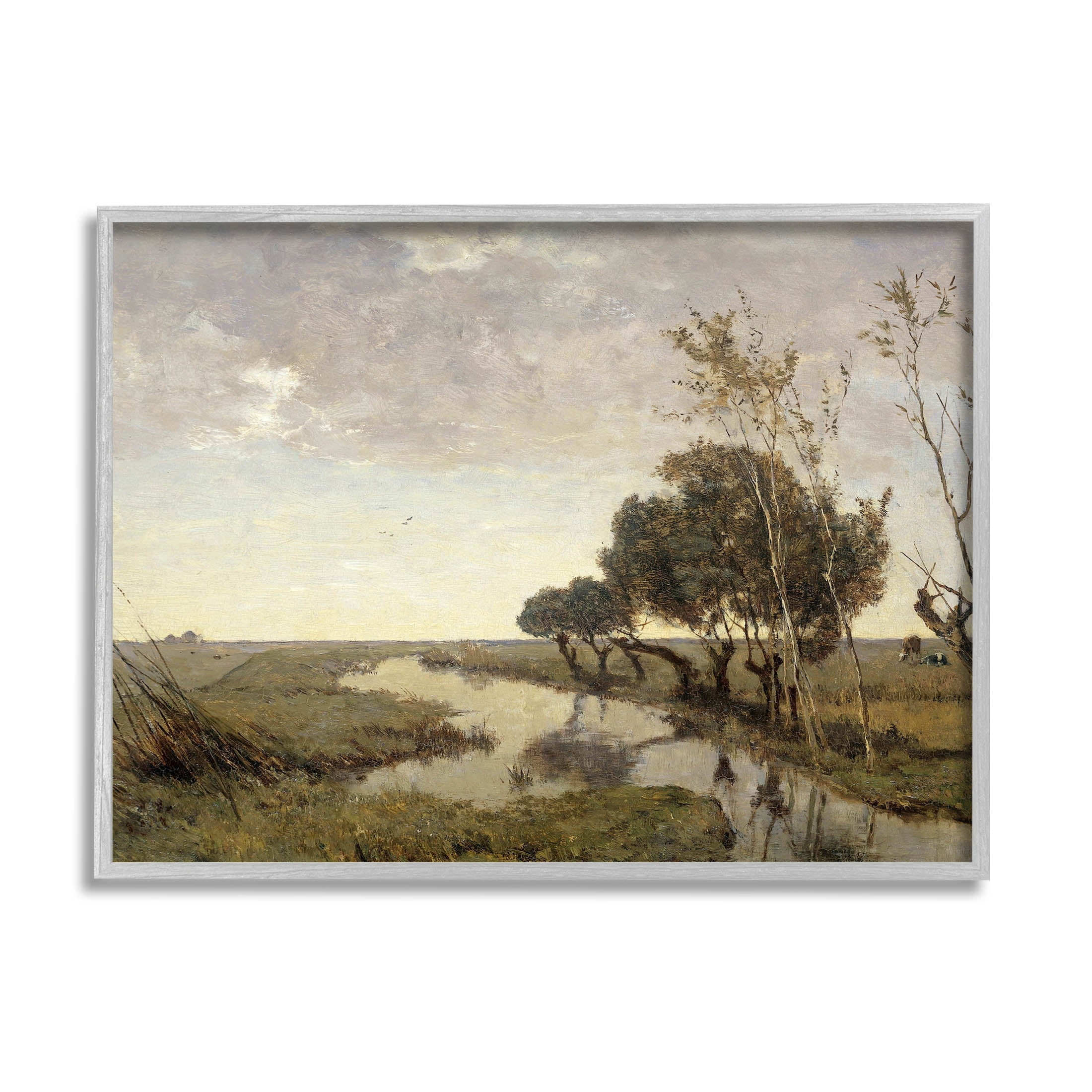 Classic Stream Animals Grazing Landscape Painting Gray Framed Art Print Wall Art