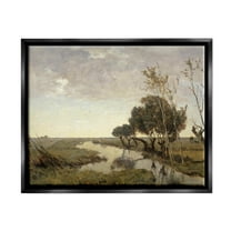 Classic Stream Animals Grazing Landscape Painting Jet Black Framed Art Print Wall Art