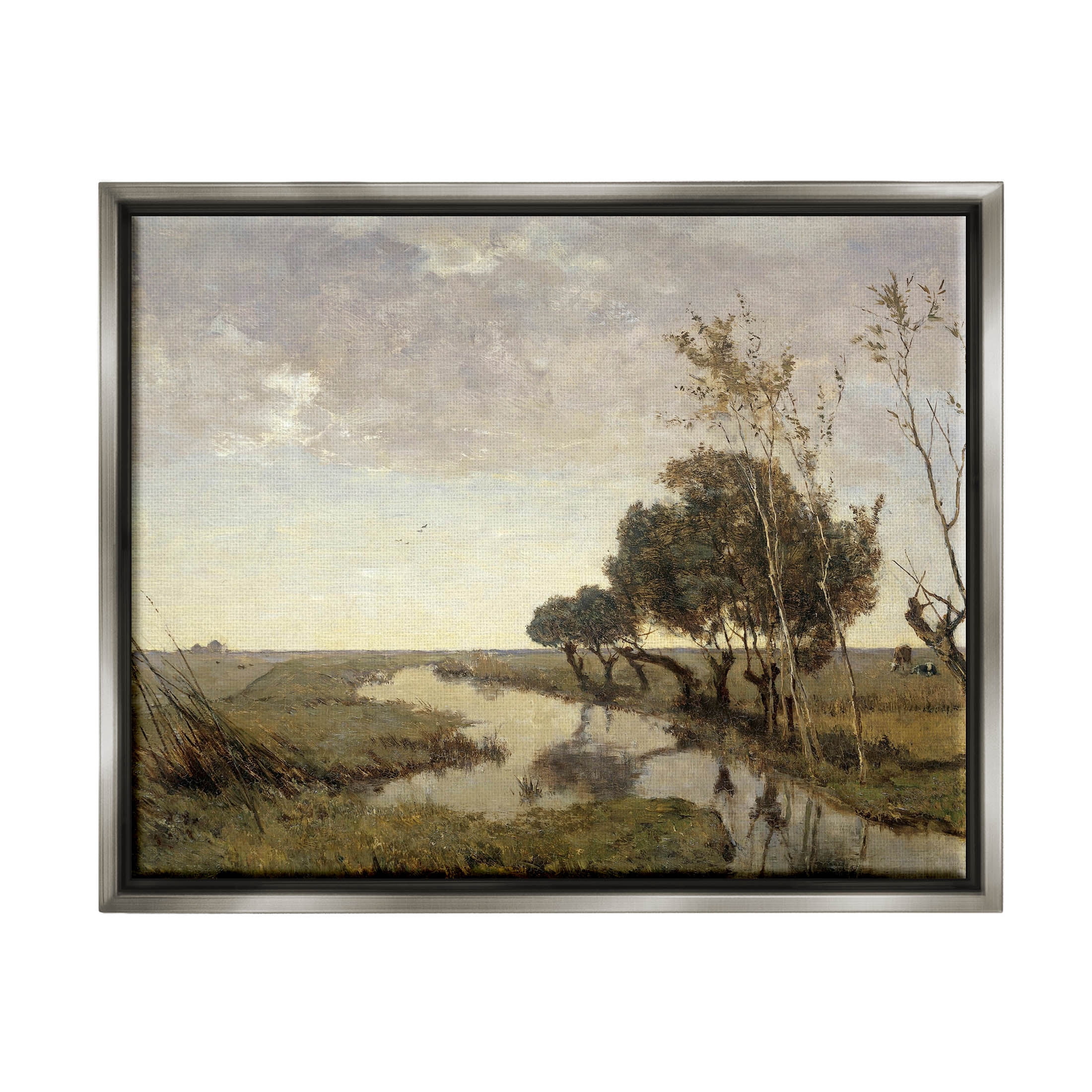 Classic Stream Animals Grazing Landscape Painting Luster Gray Framed Art Print Wall Art
