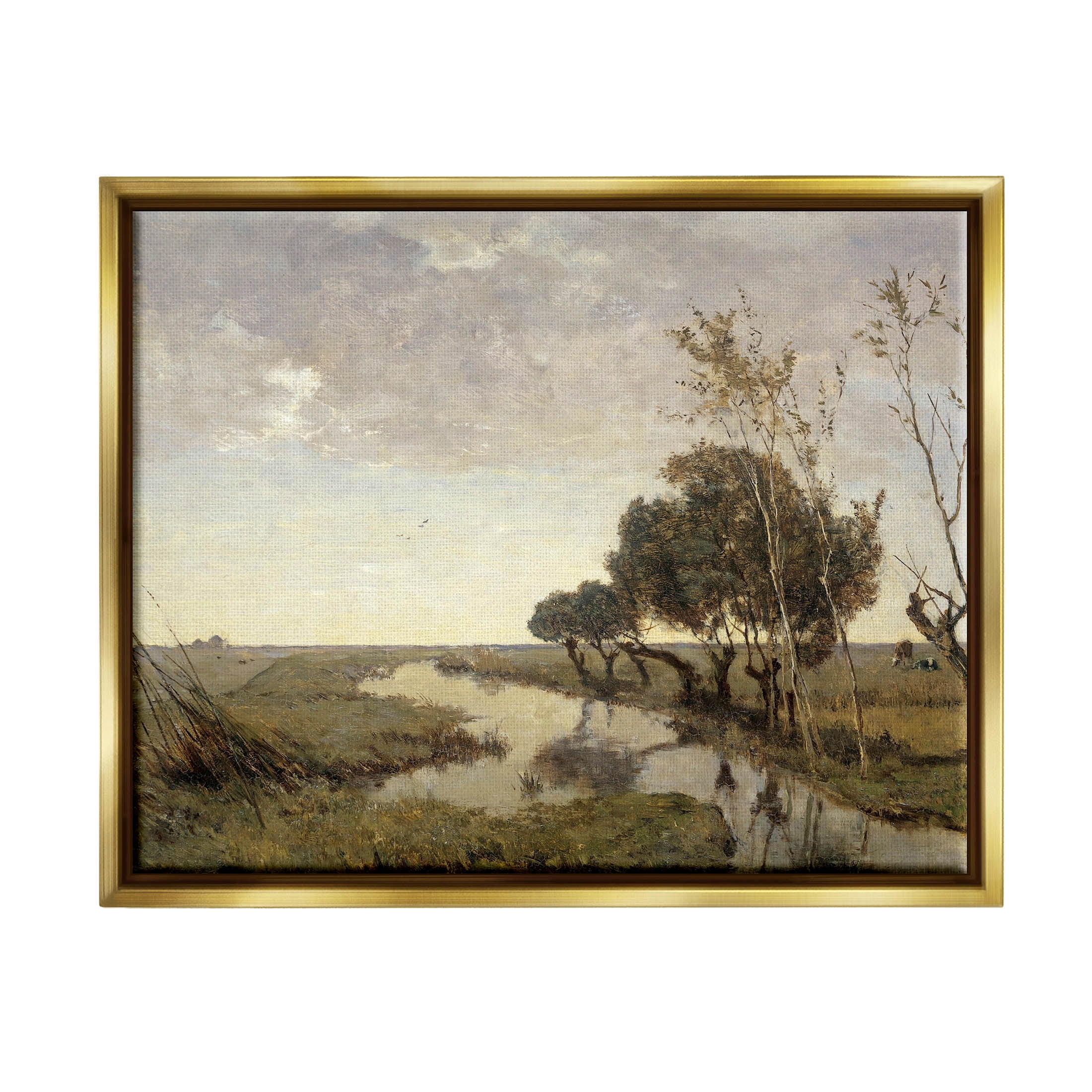 Classic Stream Animals Grazing Landscape Painting Metallic Gold Framed Art Print Wall Art