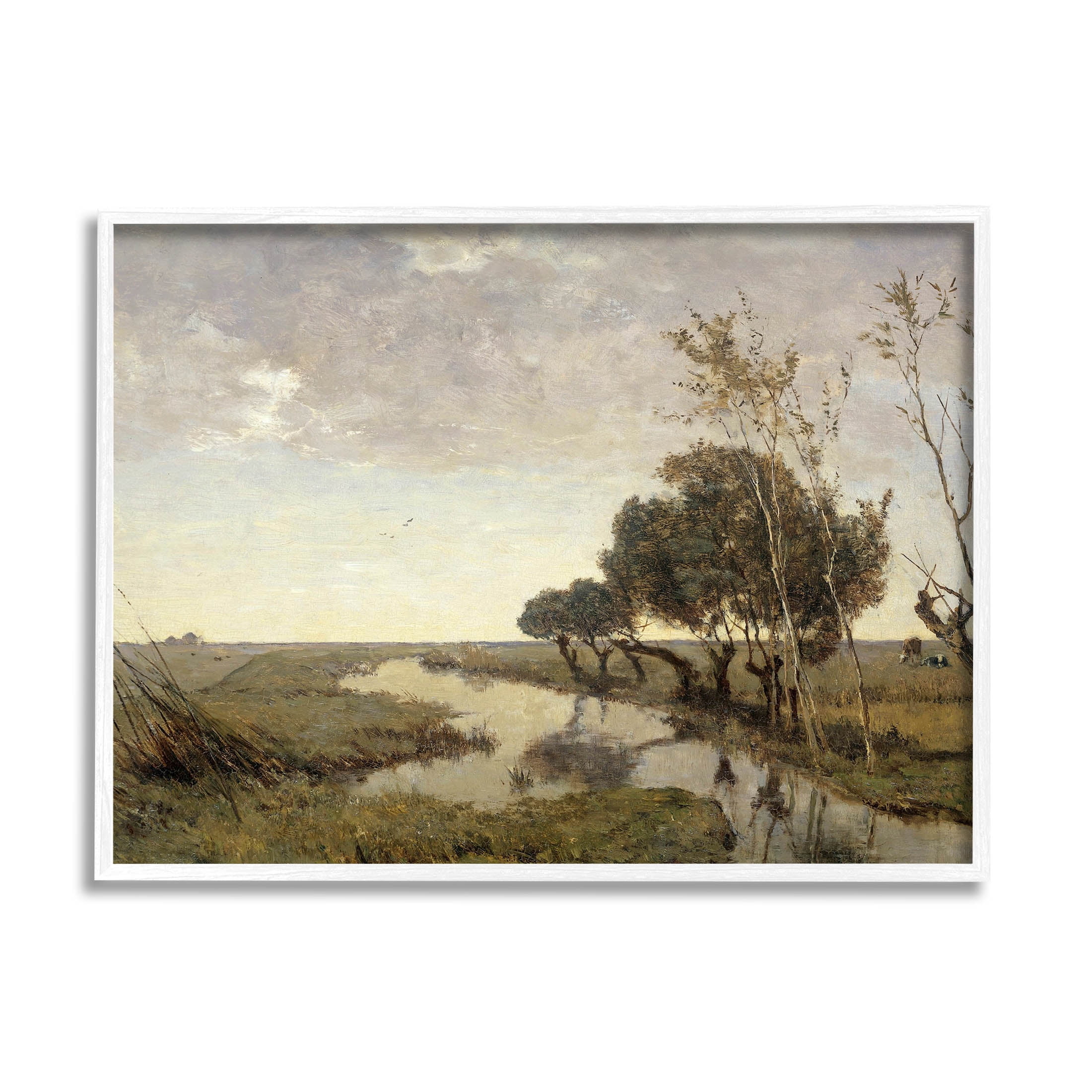 Classic Stream Animals Grazing Landscape Painting White Framed Art Print Wall Art