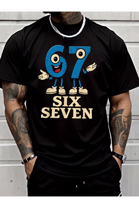 Classic Street Style Graphic T-Shirt with Blue Brick Pattern Number 67 Character
